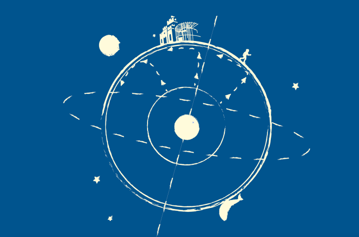 dessin d'une planète avec le château, un personnage qui marche et une baleine