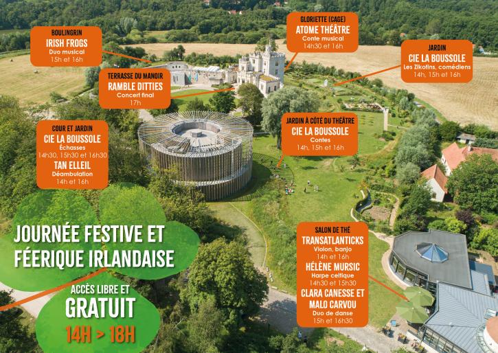 Photo aérienne du site avec toutes les animations dans le jardin, la cour du château, le salon de thé de 14h à 18h, programme détaillé au format word disponible sur cette page