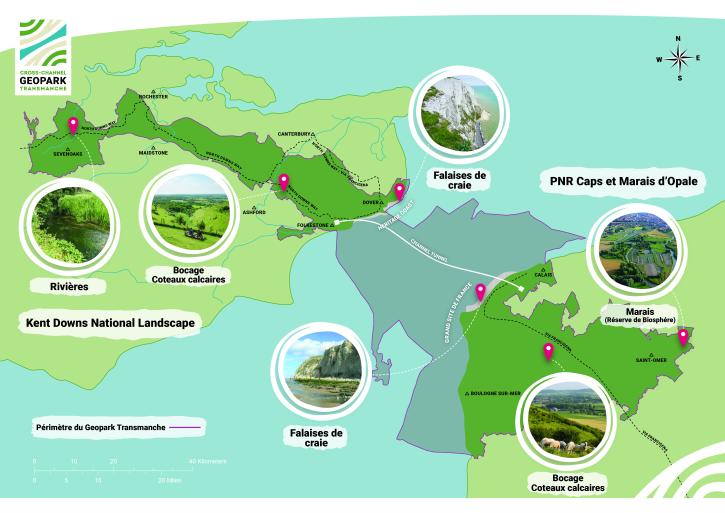 Carte du détroit de la manche, avec du côté anglais le parc qui s'étend de Sevenoak à Folkstone avec rivières et bocages du Kent Downs National Landscape et côté français de Calais Boulogne-sur-Mer et Saint-Omer avec marais et bocages du Parc Régional des Caps et Marais d'Opale